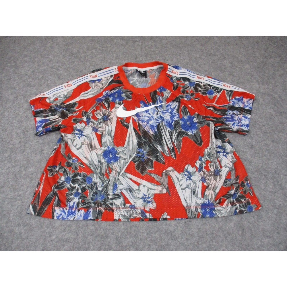 Nike Shirt Womens Plus 1X Orange Blue Floral Swoosh Breathable Oversized Top